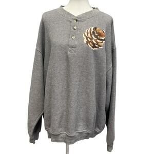 Hand Printed Upcycled Mens XL Woody Pine Cone Long Sleeve Waffled Henley Shirt